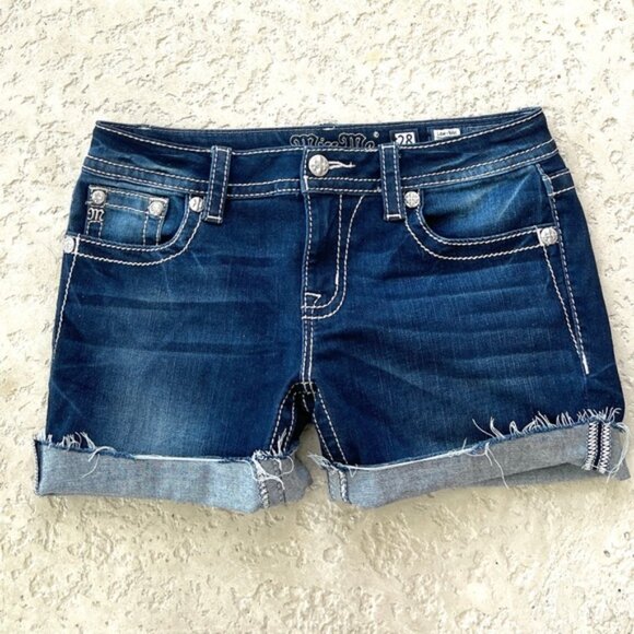 Miss Me Shorts Size 28 Denim Blue Jean Embellished Pockets Bling Cut Off Cuffed - Picture 6 of 6